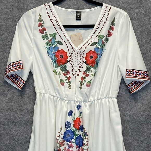 NWT Emery Rose Dress Women's Small White Floral Boho Short Sleeve A-Line V-Neck - Picture 2 of 16